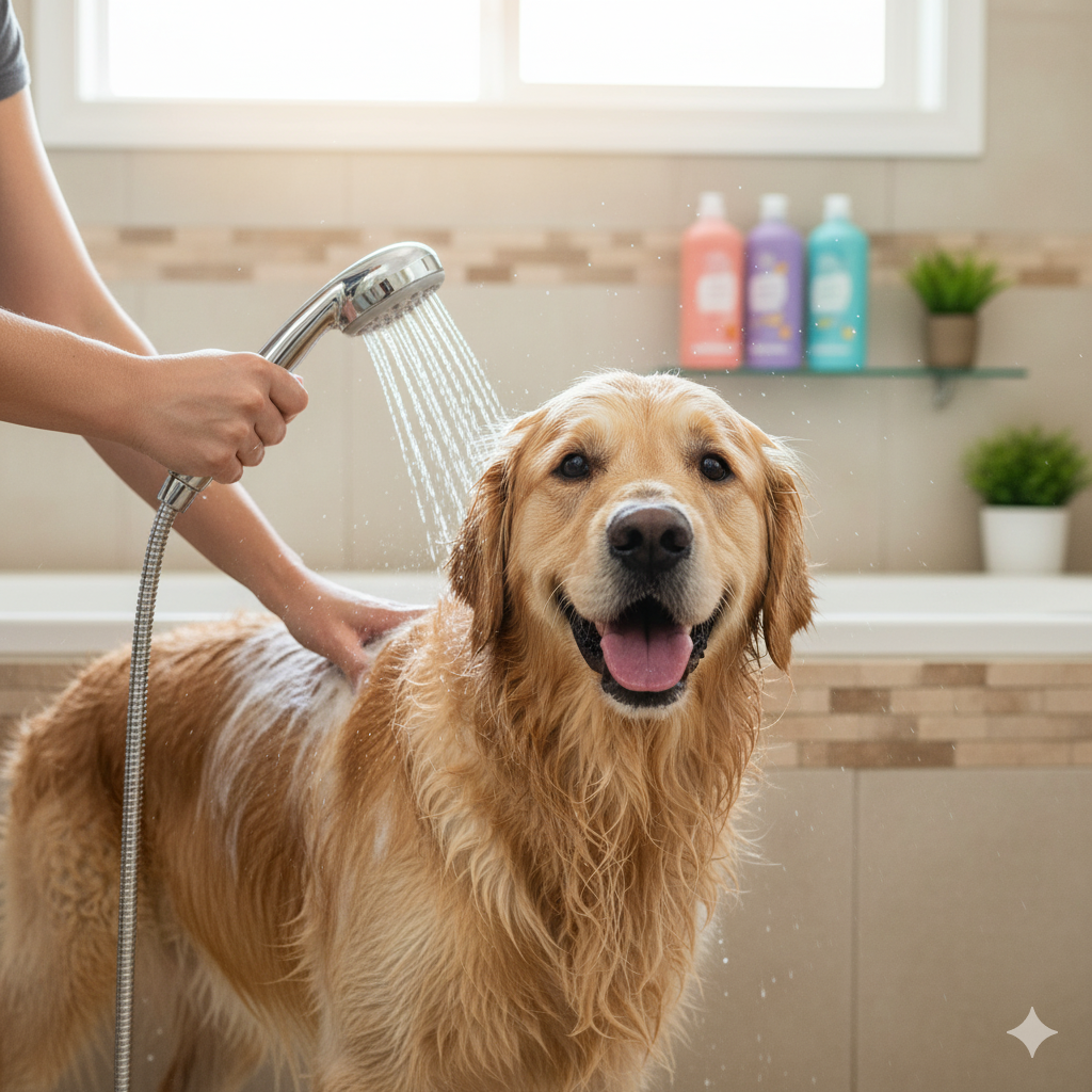 một chú chó lông vàng được một người phụ nữ tắm dưới vòi sen trong phòng tắm sáng sủa